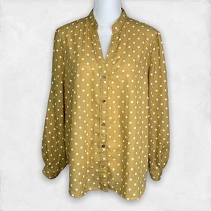 Eden & Olivia mustard yellow polka dot top XL gold relaxed fit career blouse EUC